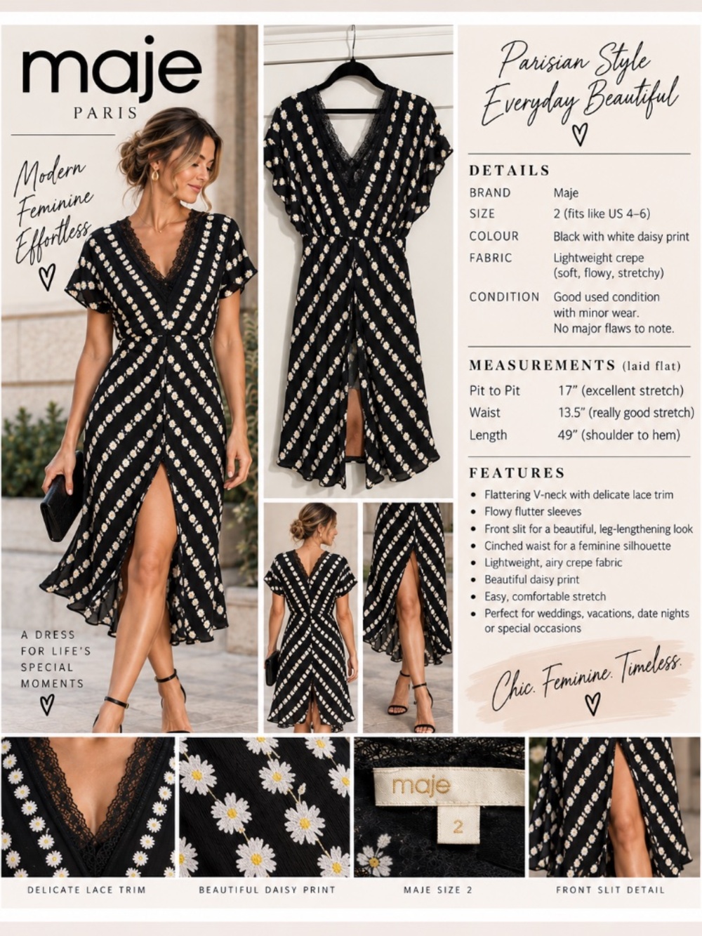 Maje Ritta Daisy Print Lace-Trim Midi Dress • Size 2 (US size 4-6)